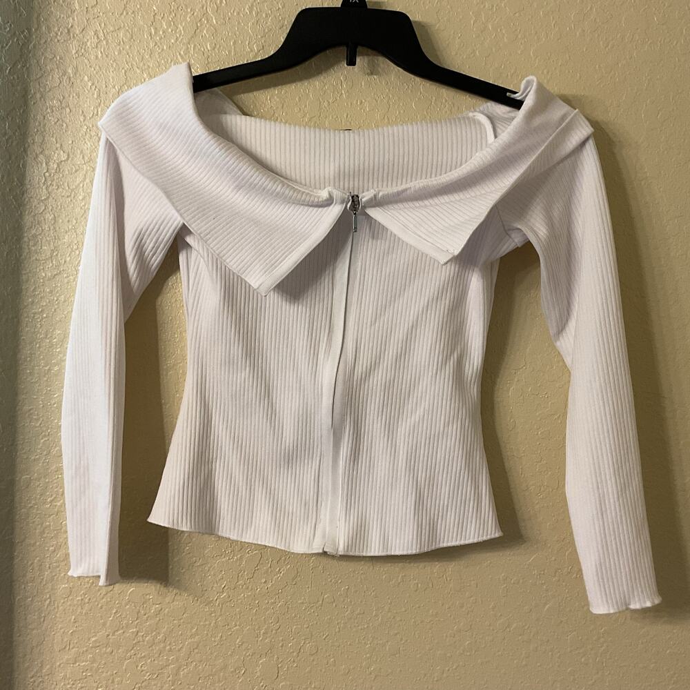 Zara White Ribbed Off-The-Shoulder Zip-Up Top Knit Sweater M